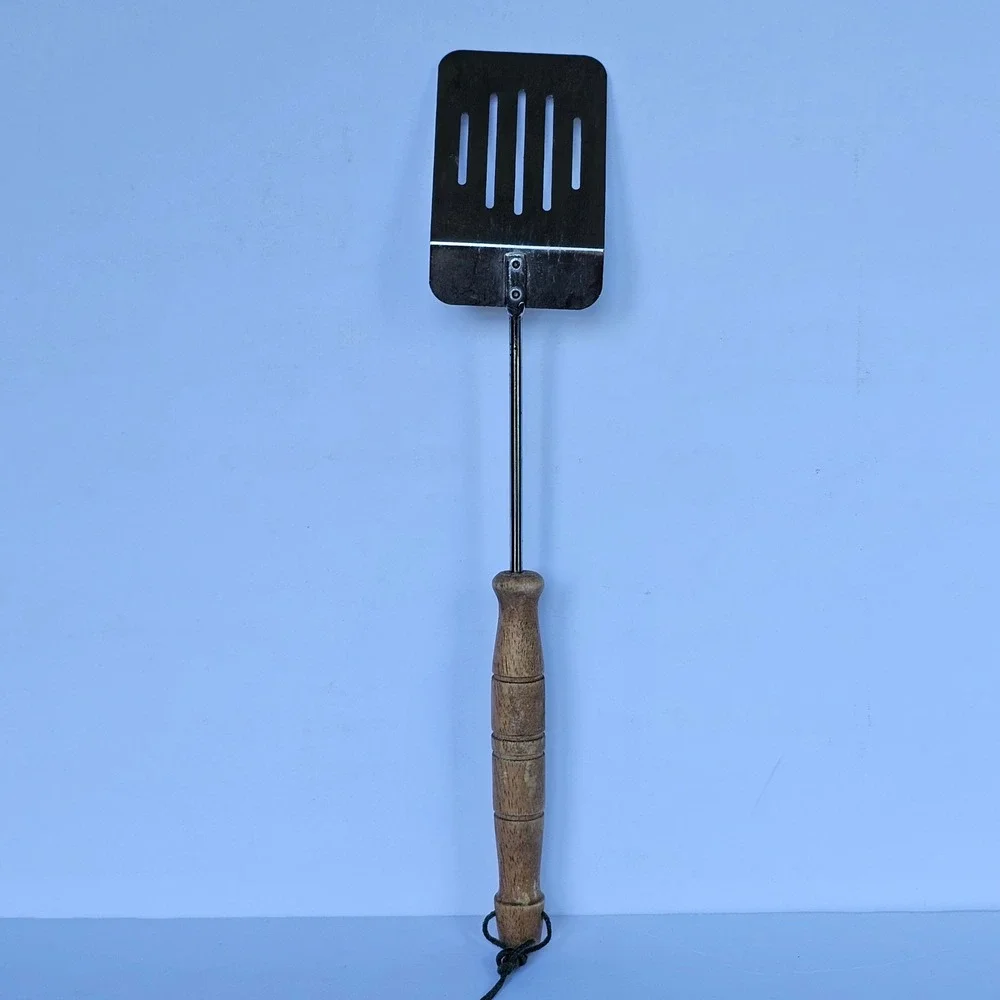 Vintage Stainless Steel Slotted Spatula Wood Handle 15 Inch Kitchen Turner Retro